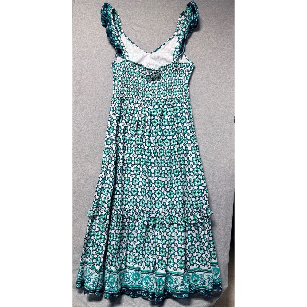 NWT Lucky Brand Womens Teal Blue Geometric Floral Tiered Maxi Dress  L - Picture 2 of 16